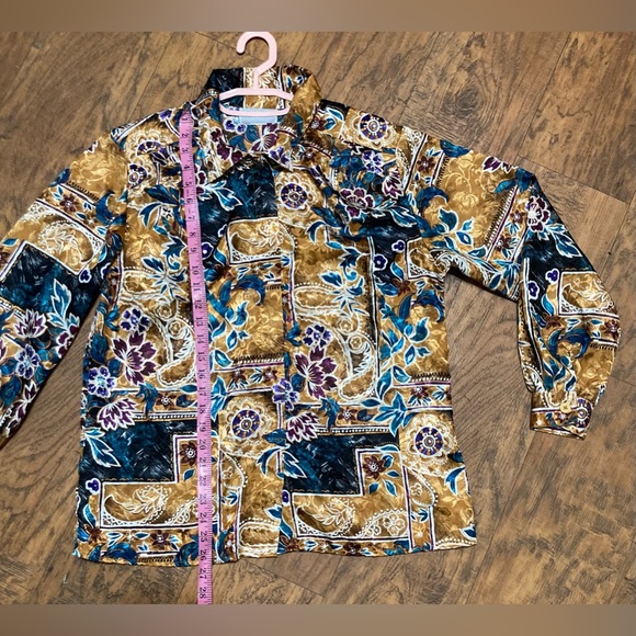 Vintage polyester button up collared shirt long puff sleeve floral design sz14 - Picture 2 of 16